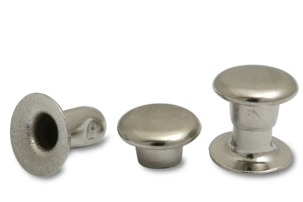 Rebites duplos ocos, cabeça de 6 mm de diâmetro, base aberta, niquelados