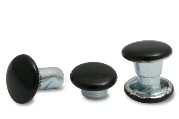 Rebites duplos ocos, cabeça com 6 mm de diâmetro, base fechada, cabeças pintadas de preto